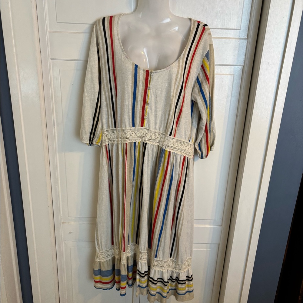Zara Striped Multicolor Scoop Neck Lace Trim Boho Dress Sz M